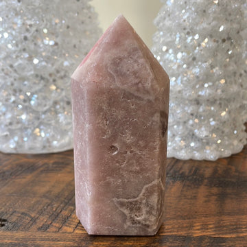 Pink Amethyst druzy tower, showcasing delicate crystalline formations in a soothing hue for a truly enchanting natural beauty.