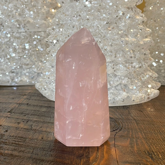 Elegant Rose Quartz tower, featuring soft pink tones and a graceful crystal formation for a serene and enchanting aesthetic