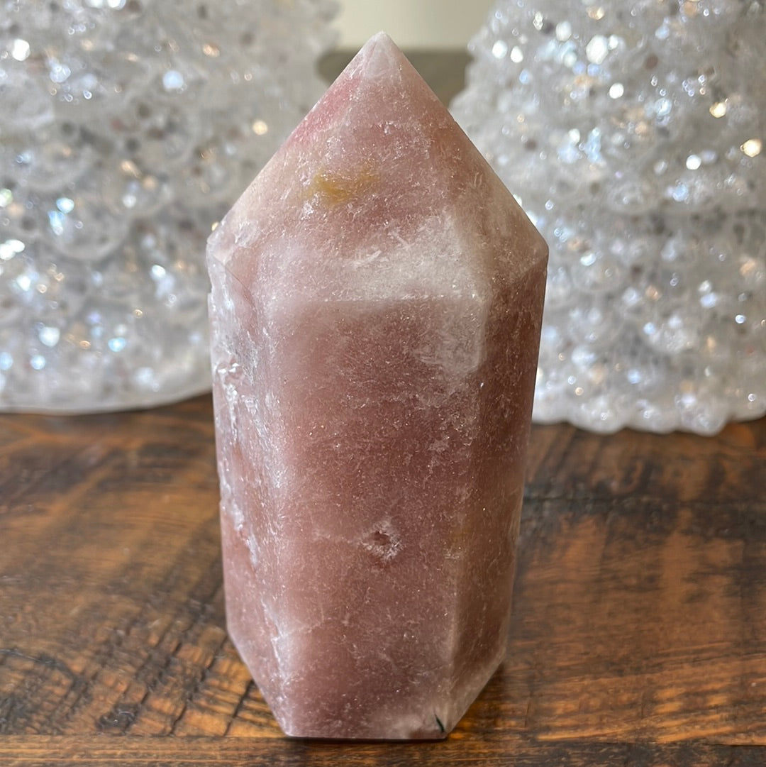 Pink Amethyst druzy tower, showcasing delicate crystalline formations in a soothing hue for a truly enchanting natural beauty.