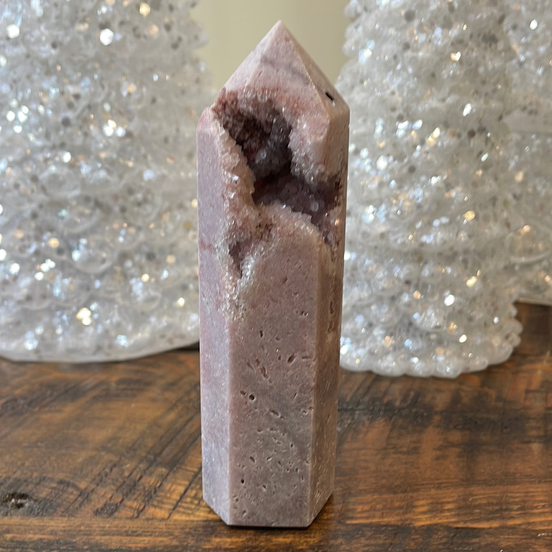 Pink Amethyst druzy tower, showcasing delicate crystalline formations in a soothing hue for a truly enchanting natural beauty.