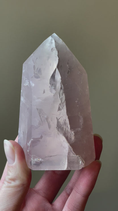 In this video, Elegant Rose Quartz tower, featuring soft pink tones and a graceful crystal formation for a serene and enchanting aesthetic