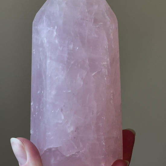 In this video, Elegant Rose Quartz tower, featuring soft pink tones and a graceful crystal formation for a serene and enchanting aesthetic