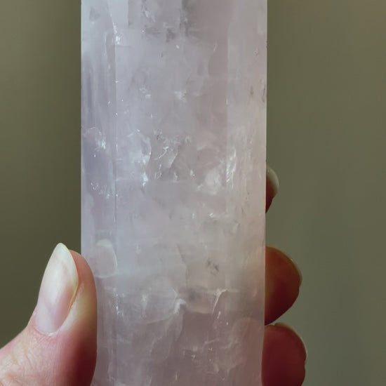 In this video, Elegant Rose Quartz tower, featuring soft pink tones and a graceful crystal formation for a serene and enchanting aesthetic