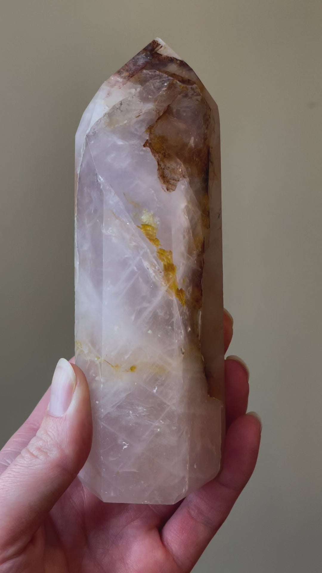 In this video, Elegant Rose Quartz tower, featuring soft pink tones with golden healer and a graceful crystal formation for a serene and enchanting aesthetic