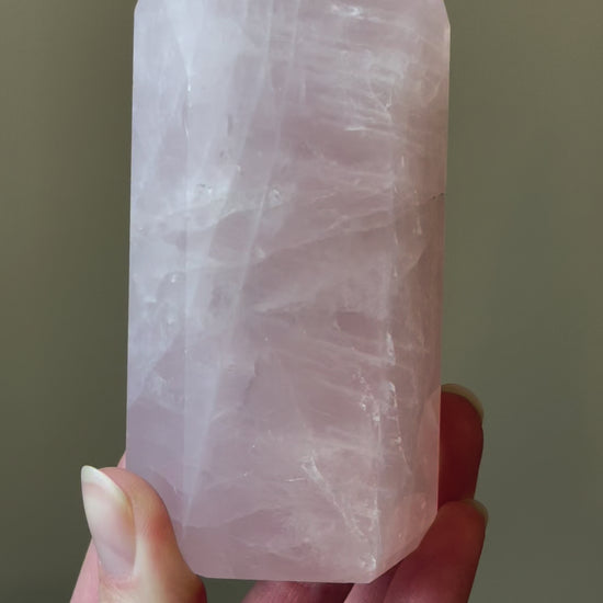 In this video, Elegant Rose Quartz tower, featuring soft pink tones and a graceful crystal formation for a serene and enchanting aesthetic