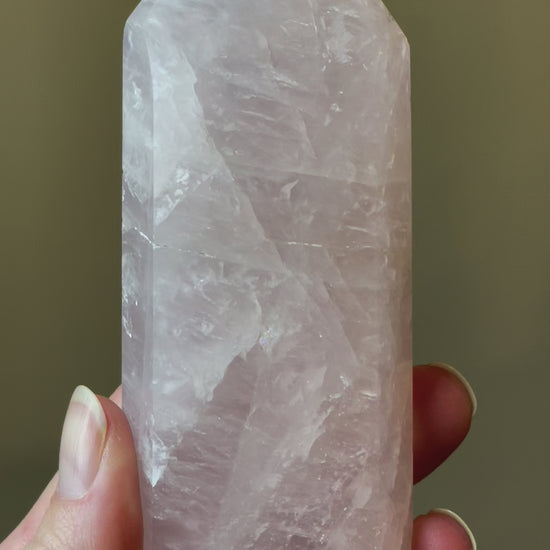 In this video, Elegant Rose Quartz tower, featuring soft pink tones and a graceful crystal formation for a serene and enchanting aesthetic