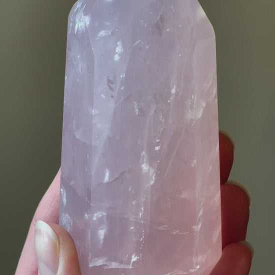 In this video, Elegant Rose Quartz tower, featuring soft pink tones and a graceful crystal formation for a serene and enchanting aesthetic