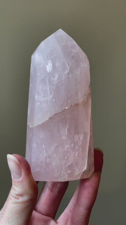 In this video, Elegant Rose Quartz tower, featuring soft pink tones and a graceful crystal formation for a serene and enchanting aesthetic